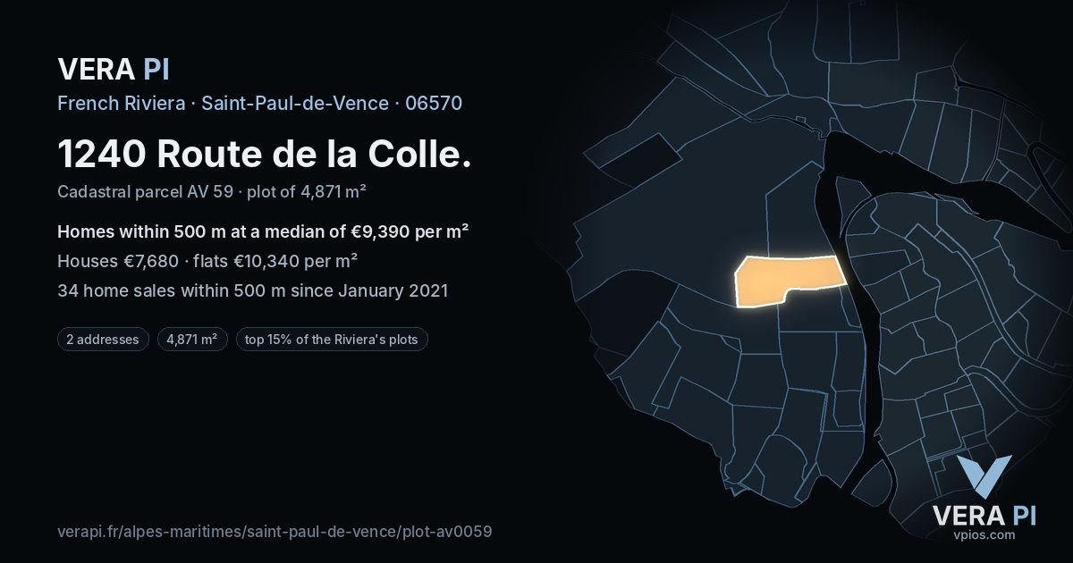 1240 Route de la Colle, Saint-Paul-de-Vence at night – the plot lit, the parcels around coloured by the prices near them