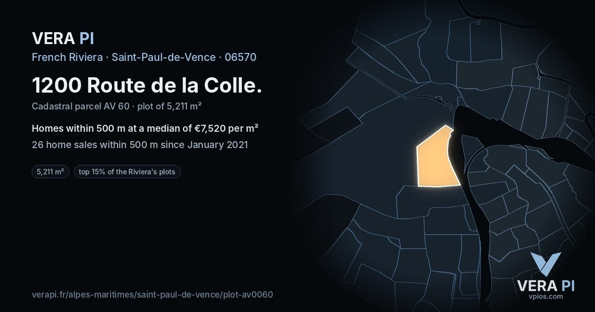 1200 Route de la Colle, Saint-Paul-de-Vence at night – the plot lit, the parcels around coloured by the prices near them
