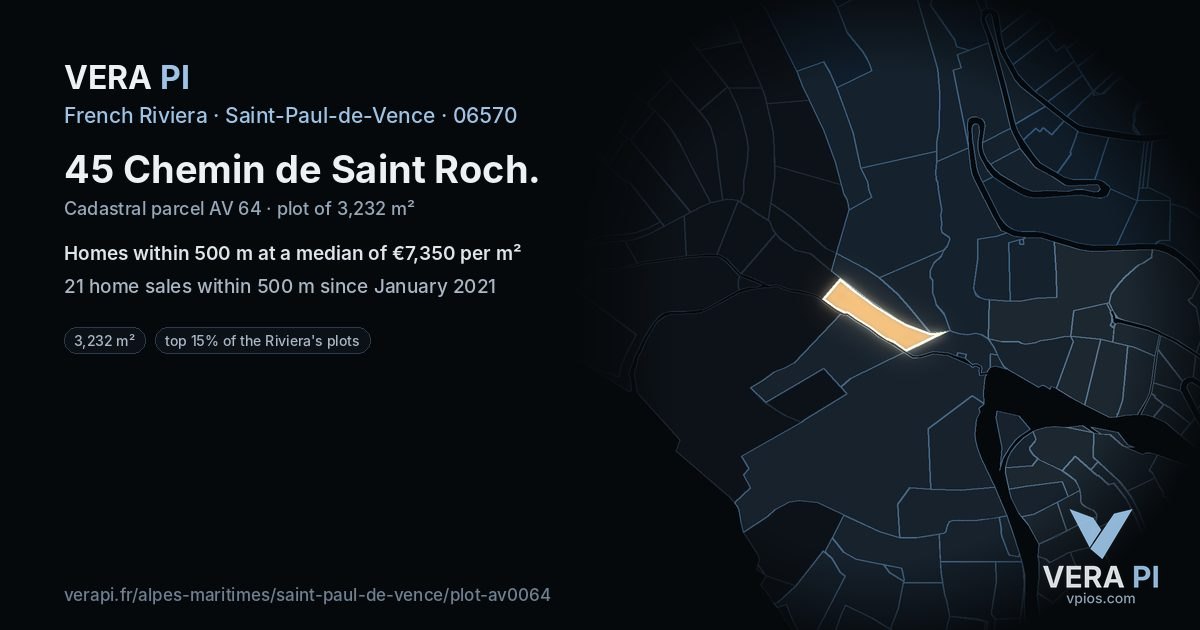 45 Chemin de Saint Roch, Saint-Paul-de-Vence at night – the plot lit, the parcels around coloured by the prices near them