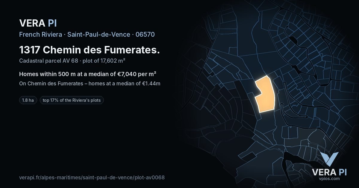 1317 Chemin des Fumerates, Saint-Paul-de-Vence at night – the plot lit, the parcels around coloured by the prices near them