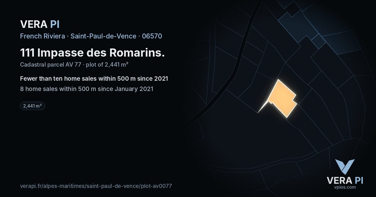 111 Impasse des Romarins, Saint-Paul-de-Vence at night – the plot lit, the parcels around coloured by the prices near them
