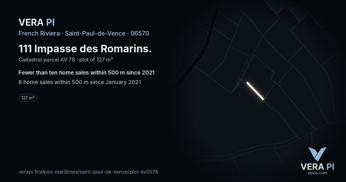 111 Impasse des Romarins, Saint-Paul-de-Vence at night – the plot lit, the parcels around coloured by the prices near them