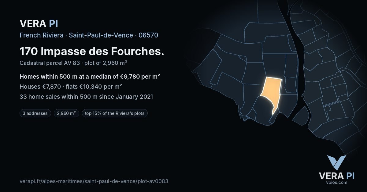 170 Impasse des Fourches, Saint-Paul-de-Vence at night – the plot lit, the parcels around coloured by the prices near them