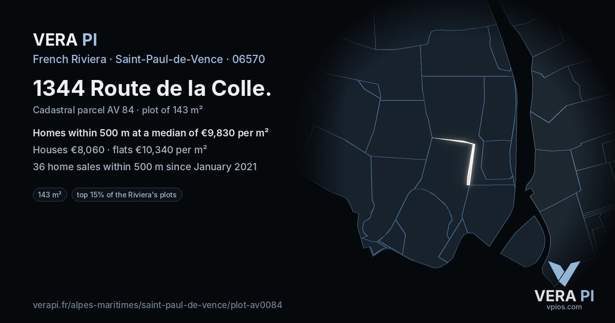 1344 Route de la Colle, Saint-Paul-de-Vence at night – the plot lit, the parcels around coloured by the prices near them