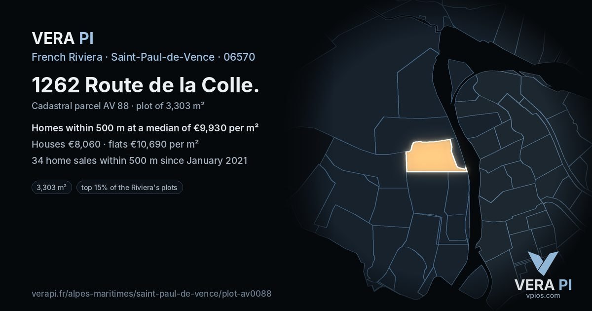 1262 Route de la Colle, Saint-Paul-de-Vence at night – the plot lit, the parcels around coloured by the prices near them
