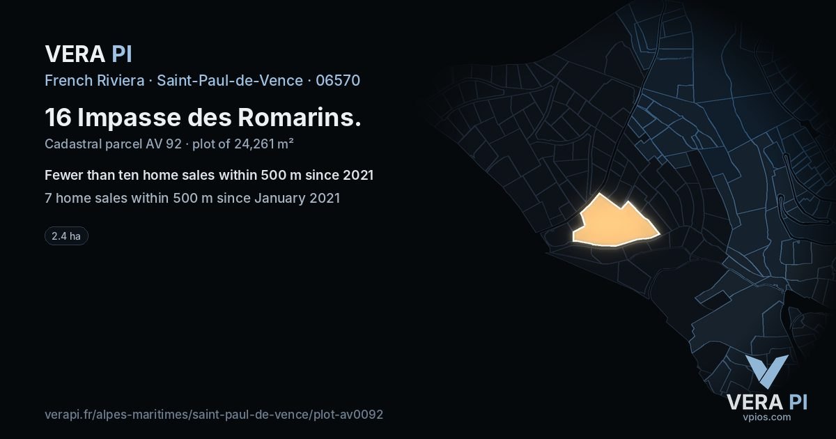 16 Impasse des Romarins, Saint-Paul-de-Vence at night – the plot lit, the parcels around coloured by the prices near them