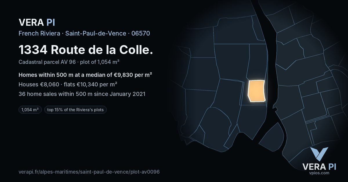 1334 Route de la Colle, Saint-Paul-de-Vence at night – the plot lit, the parcels around coloured by the prices near them