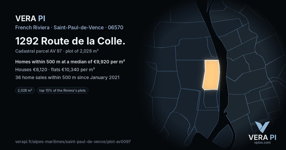 1292 Route de la Colle, Saint-Paul-de-Vence at night – the plot lit, the parcels around coloured by the prices near them