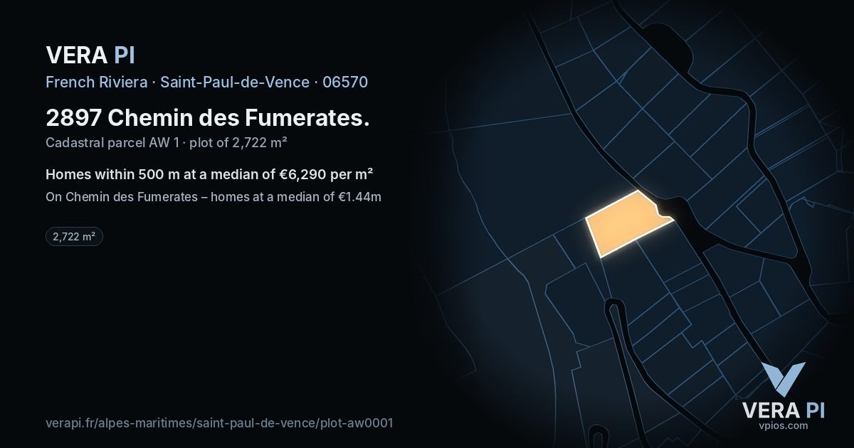 2897 Chemin des Fumerates, Saint-Paul-de-Vence at night – the plot lit, the parcels around coloured by the prices near them
