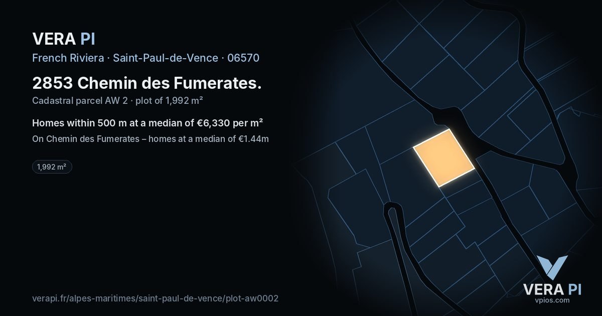 2853 Chemin des Fumerates, Saint-Paul-de-Vence at night – the plot lit, the parcels around coloured by the prices near them
