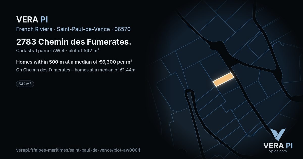 2783 Chemin des Fumerates, Saint-Paul-de-Vence at night – the plot lit, the parcels around coloured by the prices near them