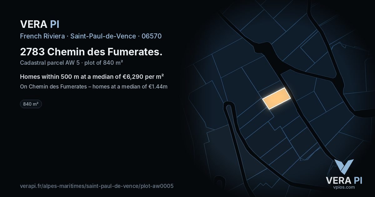 2783 Chemin des Fumerates, Saint-Paul-de-Vence at night – the plot lit, the parcels around coloured by the prices near them