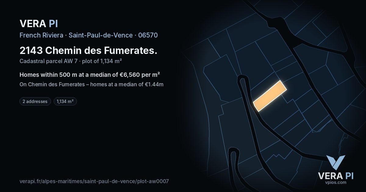 2143 Chemin des Fumerates, Saint-Paul-de-Vence at night – the plot lit, the parcels around coloured by the prices near them