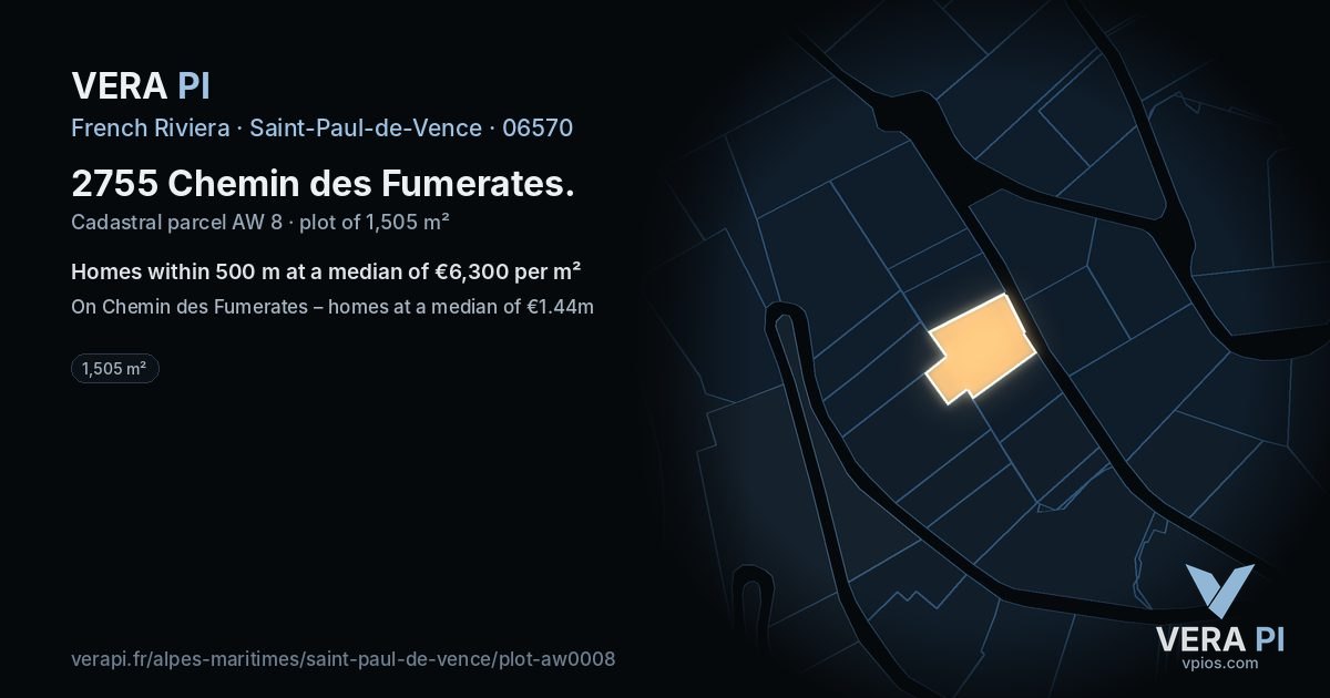 2755 Chemin des Fumerates, Saint-Paul-de-Vence at night – the plot lit, the parcels around coloured by the prices near them