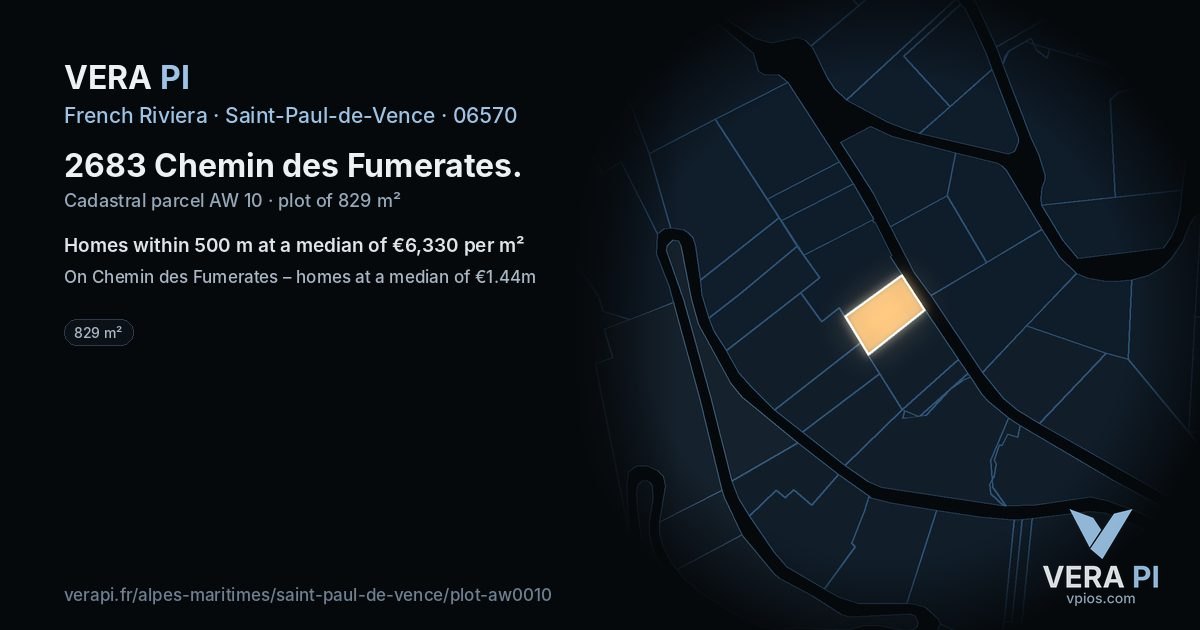 2683 Chemin des Fumerates, Saint-Paul-de-Vence at night – the plot lit, the parcels around coloured by the prices near them