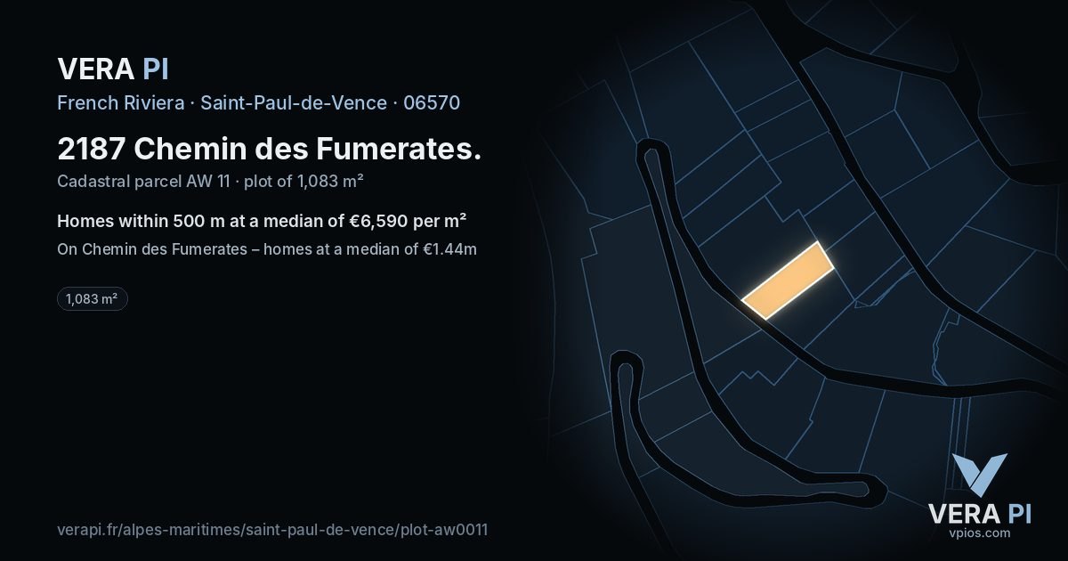 2187 Chemin des Fumerates, Saint-Paul-de-Vence at night – the plot lit, the parcels around coloured by the prices near them