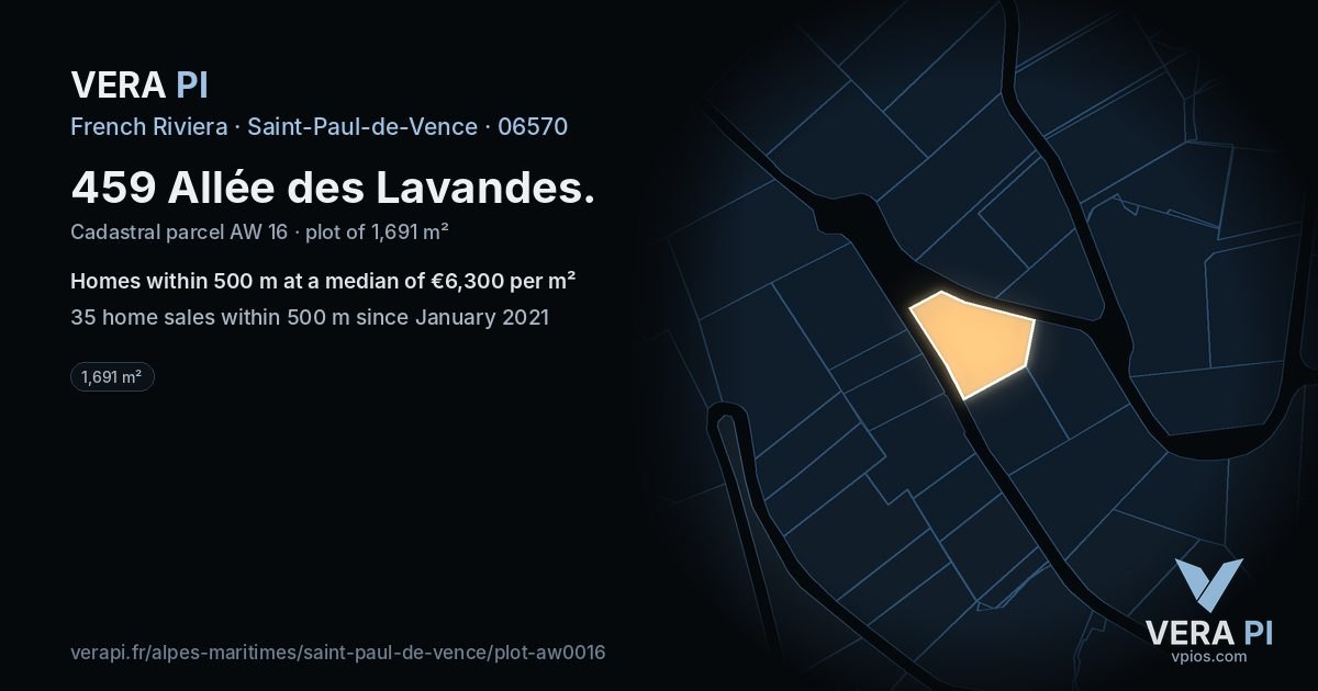 459 Allée des Lavandes, Saint-Paul-de-Vence at night – the plot lit, the parcels around coloured by the prices near them