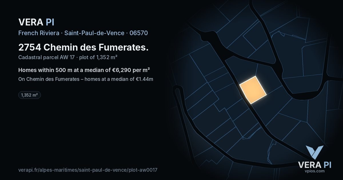 2754 Chemin des Fumerates, Saint-Paul-de-Vence at night – the plot lit, the parcels around coloured by the prices near them