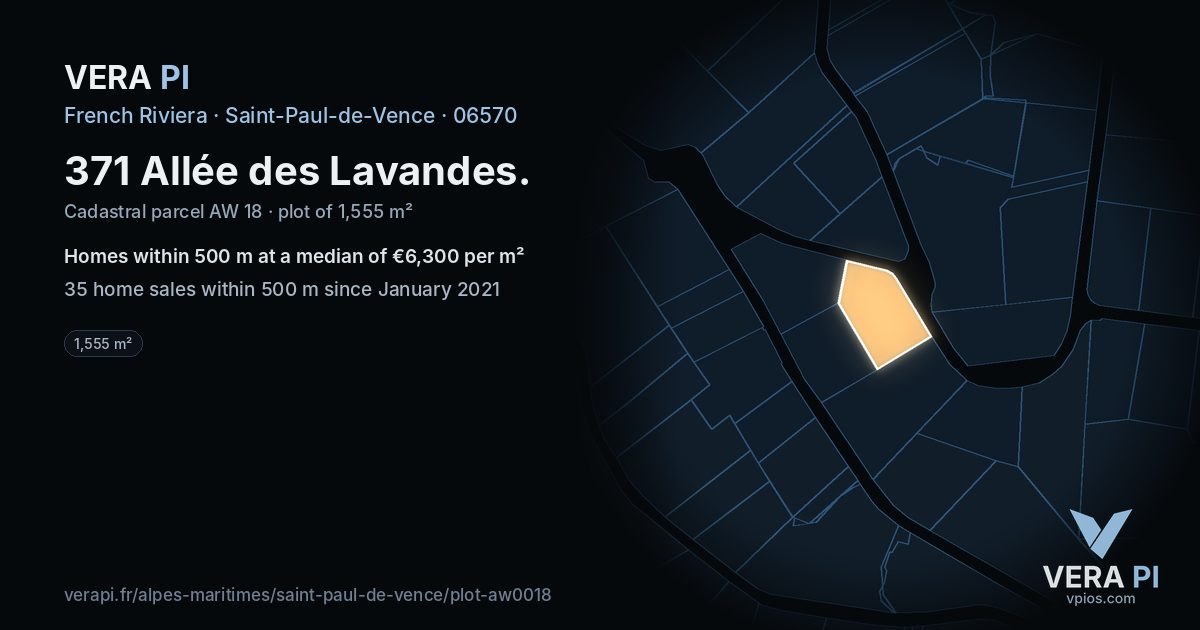 371 Allée des Lavandes, Saint-Paul-de-Vence at night – the plot lit, the parcels around coloured by the prices near them