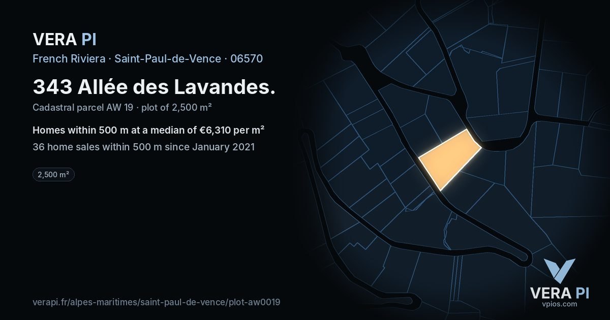 343 Allée des Lavandes, Saint-Paul-de-Vence at night – the plot lit, the parcels around coloured by the prices near them