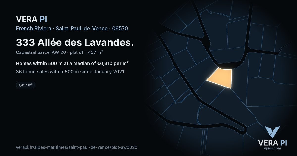 333 Allée des Lavandes, Saint-Paul-de-Vence at night – the plot lit, the parcels around coloured by the prices near them