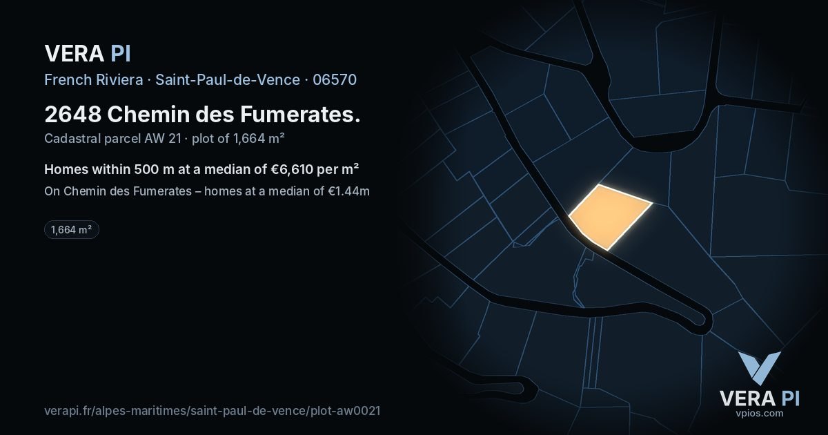2648 Chemin des Fumerates, Saint-Paul-de-Vence at night – the plot lit, the parcels around coloured by the prices near them