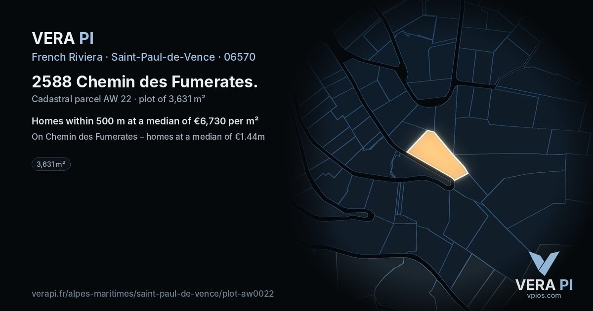 2588 Chemin des Fumerates, Saint-Paul-de-Vence at night – the plot lit, the parcels around coloured by the prices near them