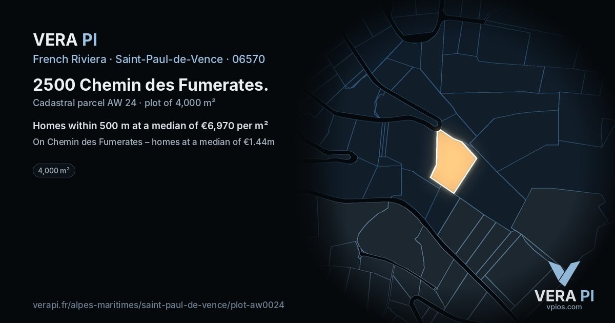 2500 Chemin des Fumerates, Saint-Paul-de-Vence at night – the plot lit, the parcels around coloured by the prices near them
