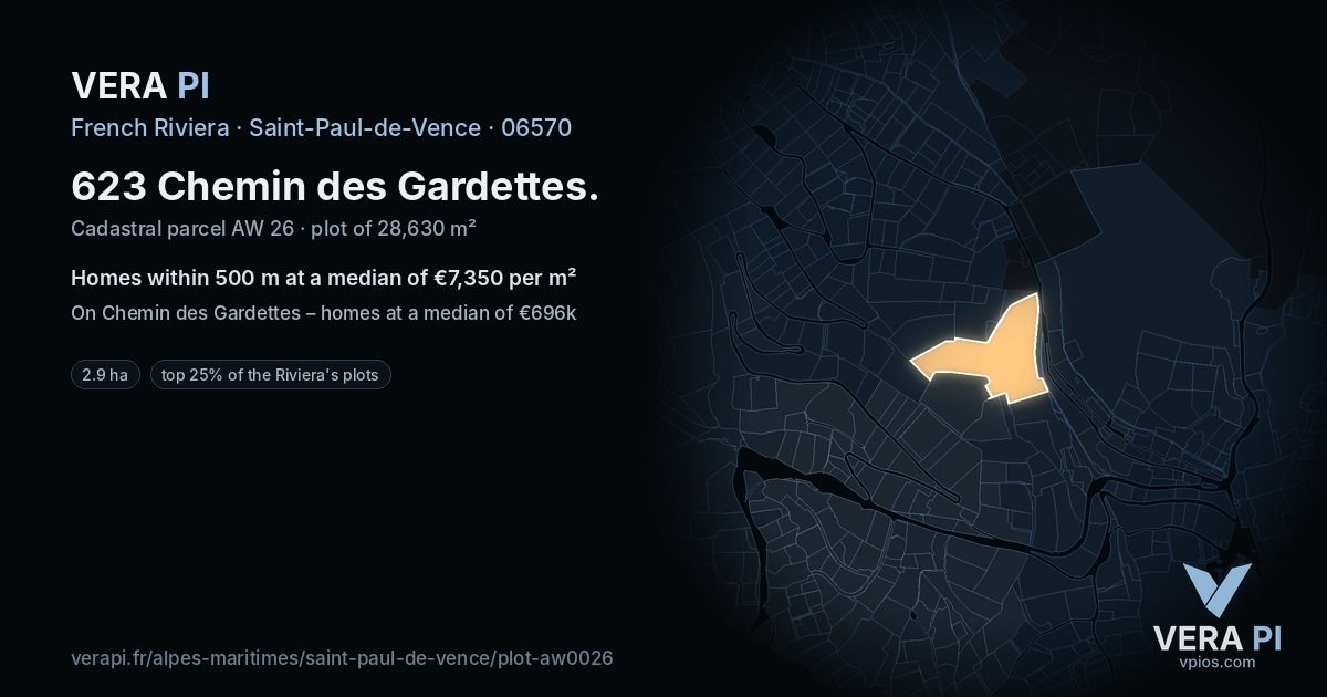 623 Chemin des Gardettes, Saint-Paul-de-Vence at night – the plot lit, the parcels around coloured by the prices near them