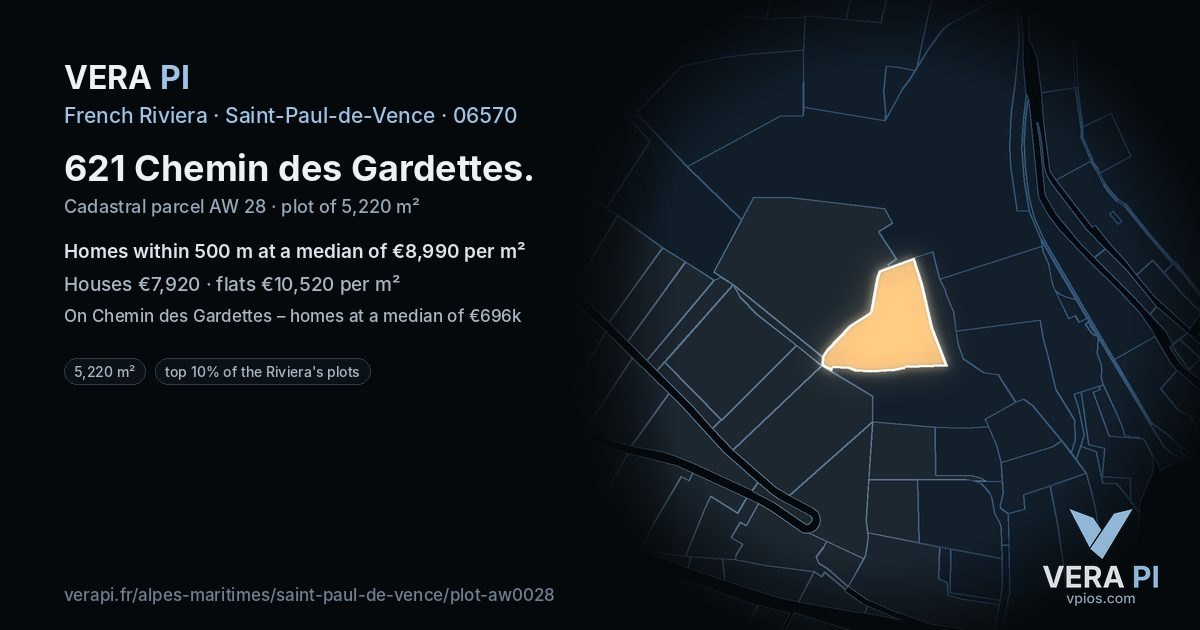 621 Chemin des Gardettes, Saint-Paul-de-Vence at night – the plot lit, the parcels around coloured by the prices near them