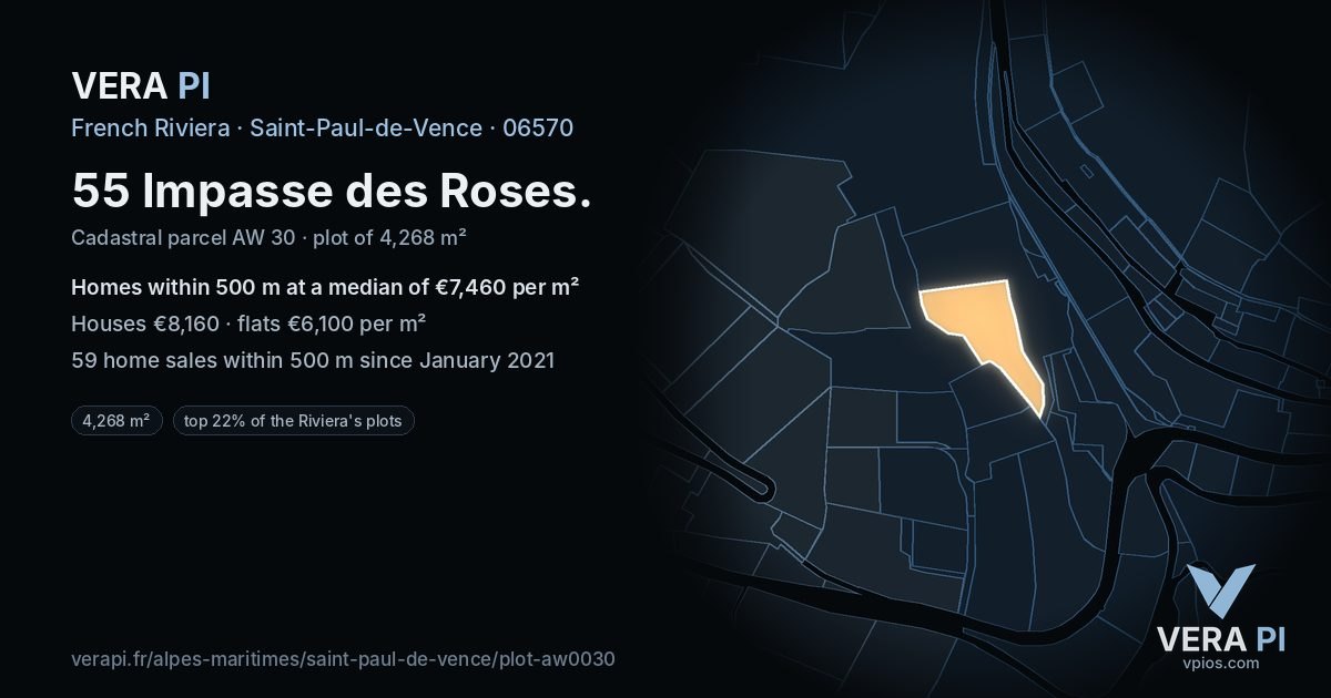 55 Impasse des Roses, Saint-Paul-de-Vence at night – the plot lit, the parcels around coloured by the prices near them