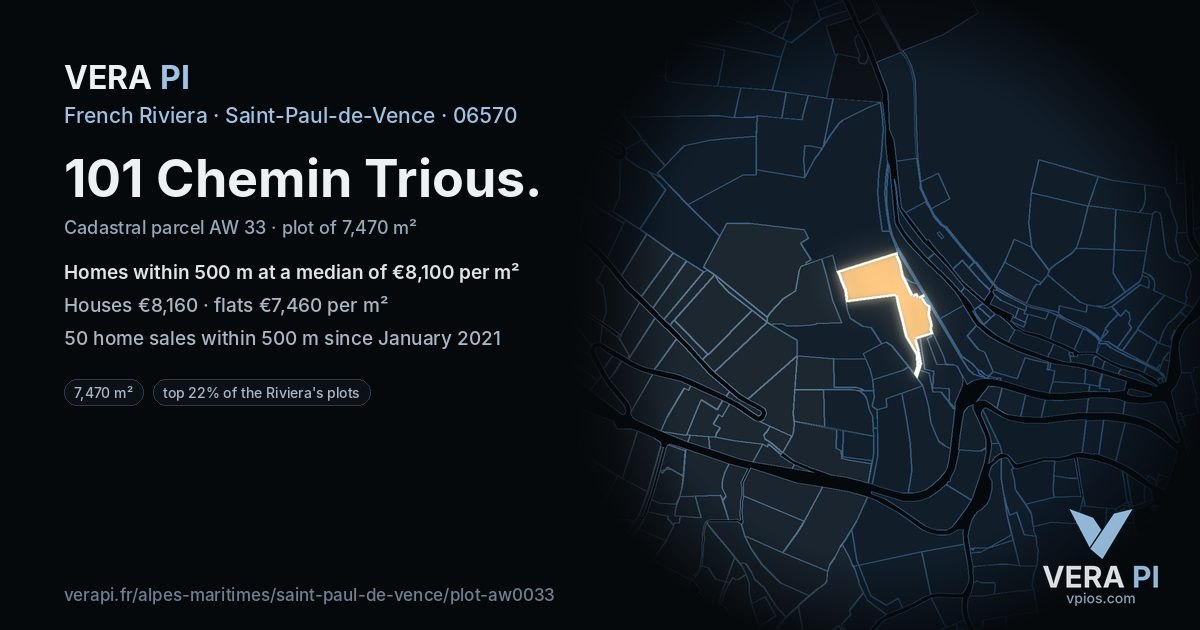 101 Chemin Trious, Saint-Paul-de-Vence at night – the plot lit, the parcels around coloured by the prices near them