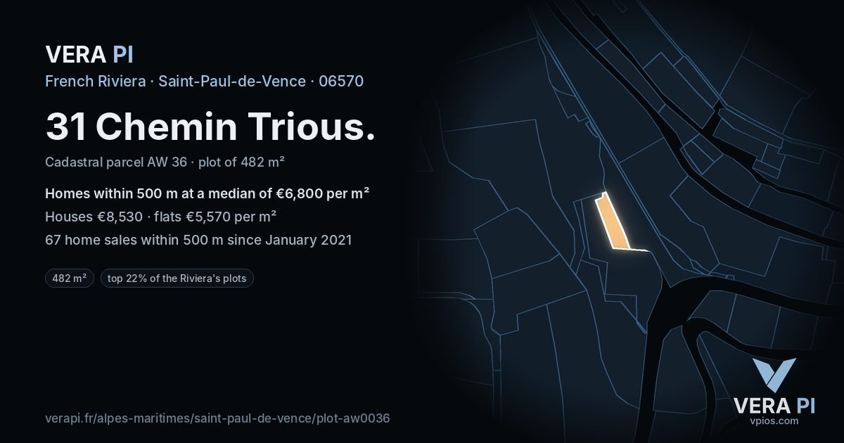 31 Chemin Trious, Saint-Paul-de-Vence at night – the plot lit, the parcels around coloured by the prices near them