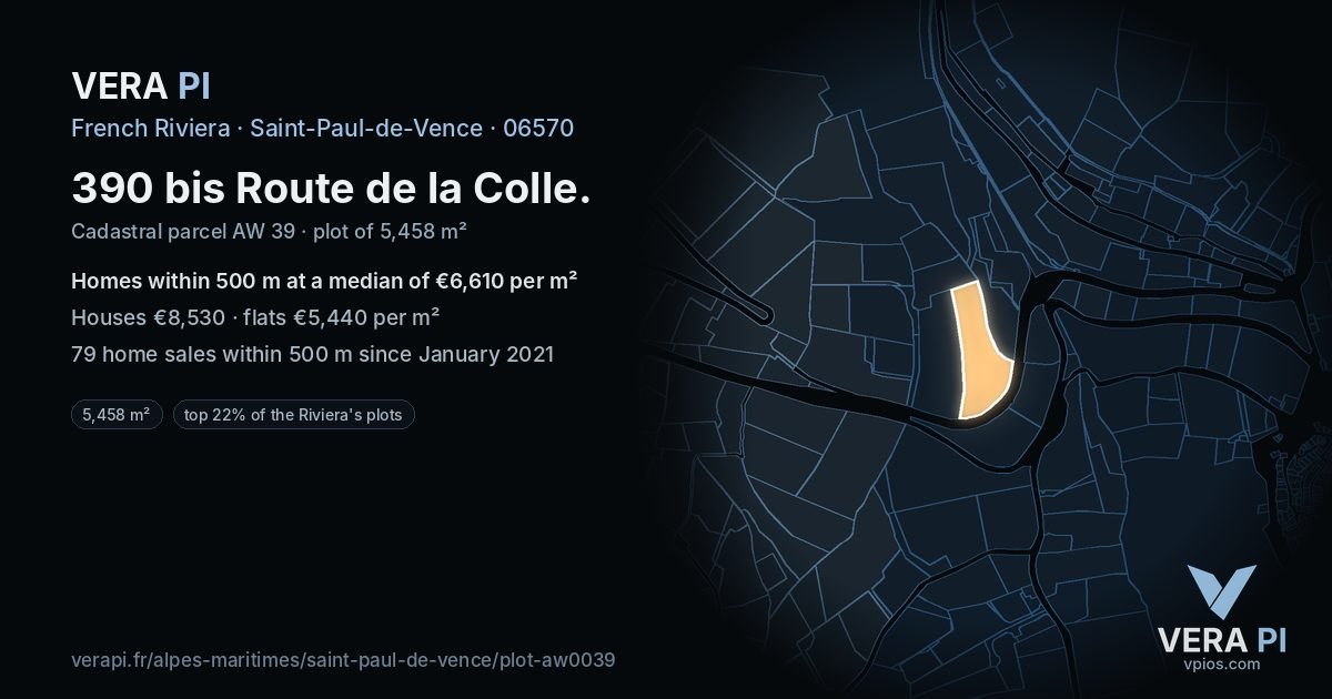390 bis Route de la Colle, Saint-Paul-de-Vence at night – the plot lit, the parcels around coloured by the prices near them