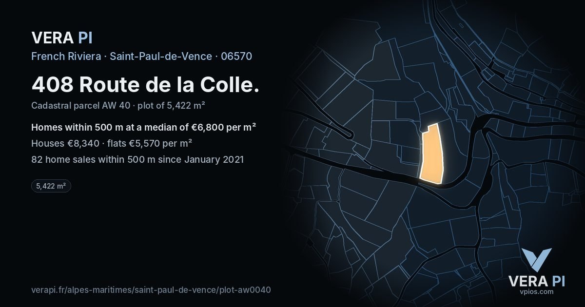 408 Route de la Colle, Saint-Paul-de-Vence at night – the plot lit, the parcels around coloured by the prices near them