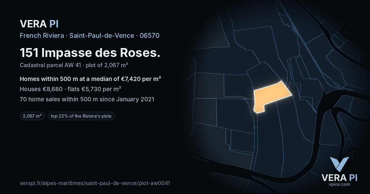151 Impasse des Roses, Saint-Paul-de-Vence at night – the plot lit, the parcels around coloured by the prices near them