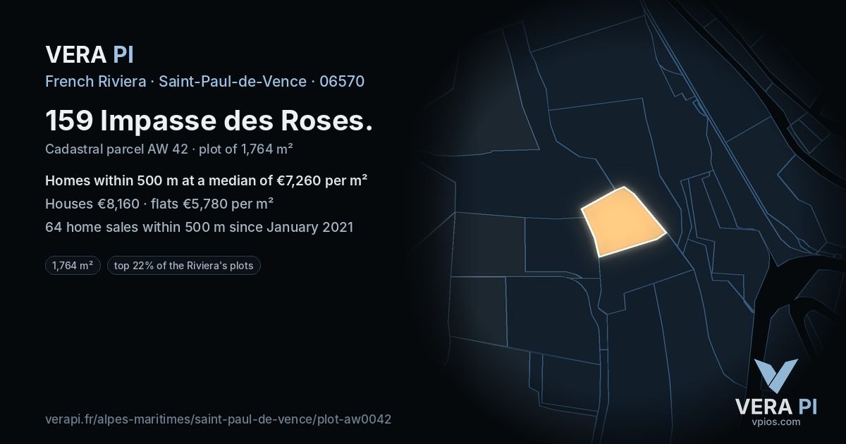 159 Impasse des Roses, Saint-Paul-de-Vence at night – the plot lit, the parcels around coloured by the prices near them