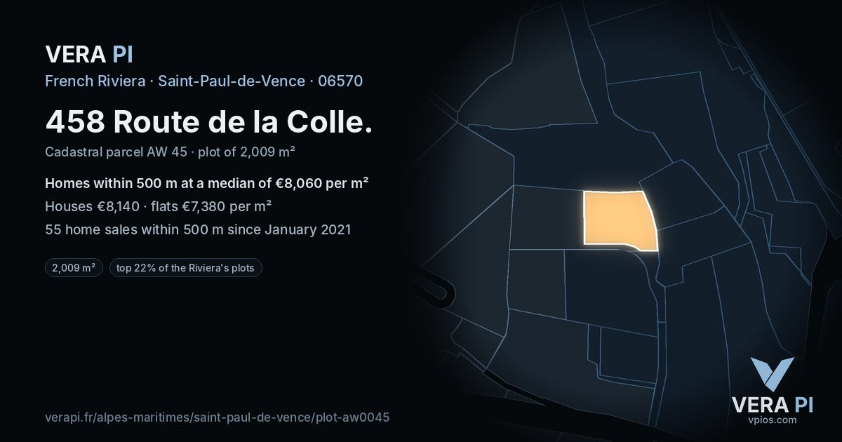 458 Route de la Colle, Saint-Paul-de-Vence at night – the plot lit, the parcels around coloured by the prices near them
