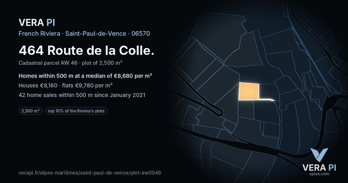 464 Route de la Colle, Saint-Paul-de-Vence at night – the plot lit, the parcels around coloured by the prices near them