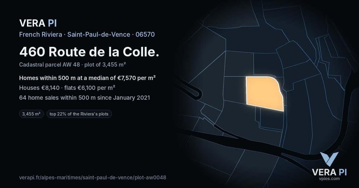 460 Route de la Colle, Saint-Paul-de-Vence at night – the plot lit, the parcels around coloured by the prices near them