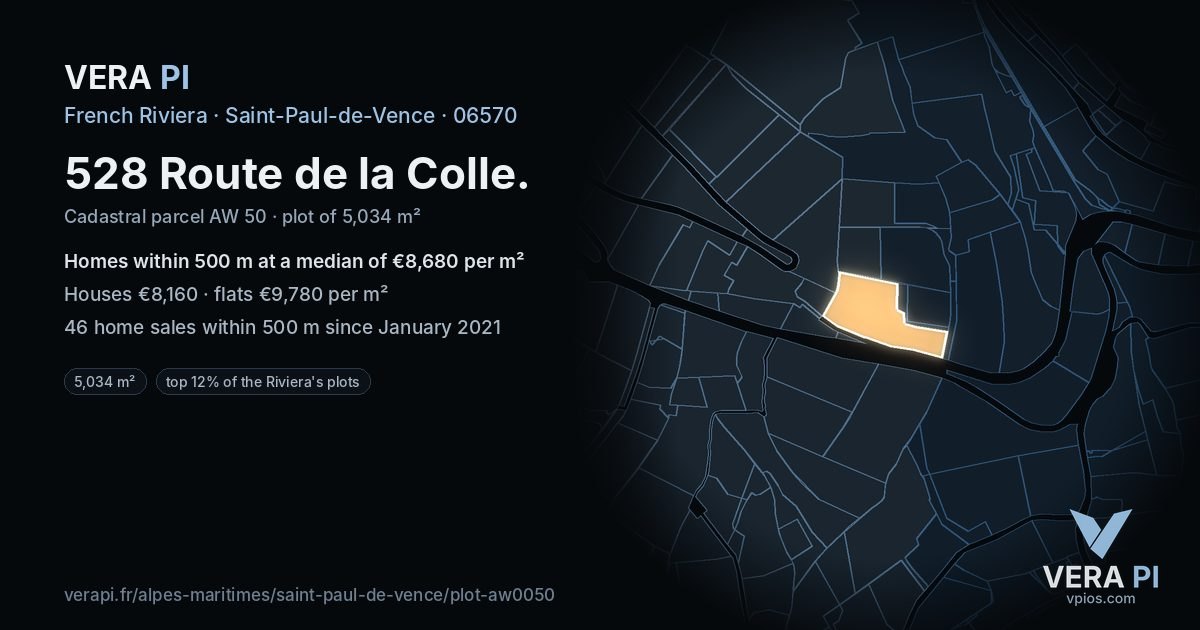 528 Route de la Colle, Saint-Paul-de-Vence at night – the plot lit, the parcels around coloured by the prices near them
