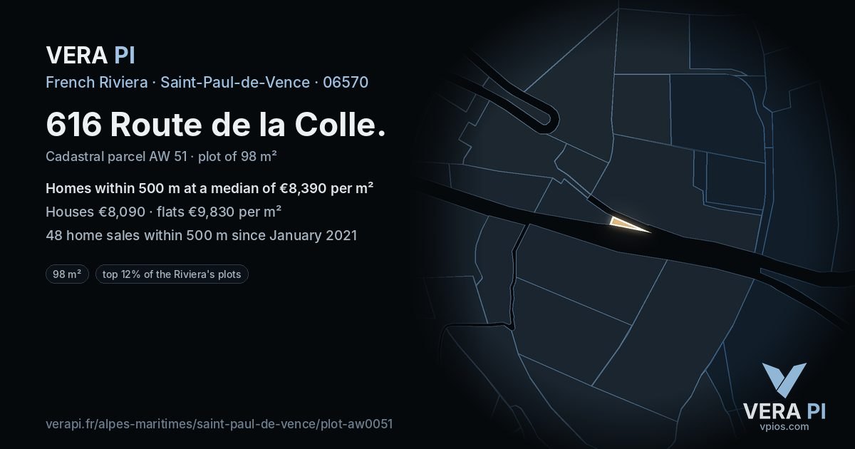 616 Route de la Colle, Saint-Paul-de-Vence at night – the plot lit, the parcels around coloured by the prices near them