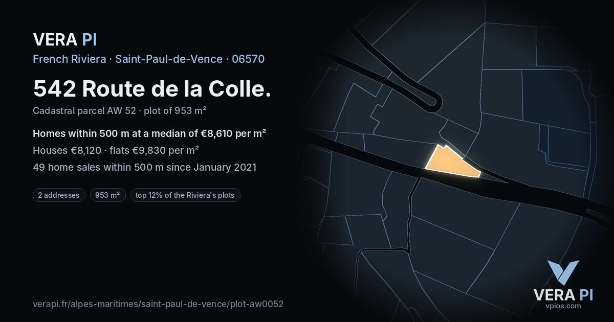 542 Route de la Colle, Saint-Paul-de-Vence at night – the plot lit, the parcels around coloured by the prices near them