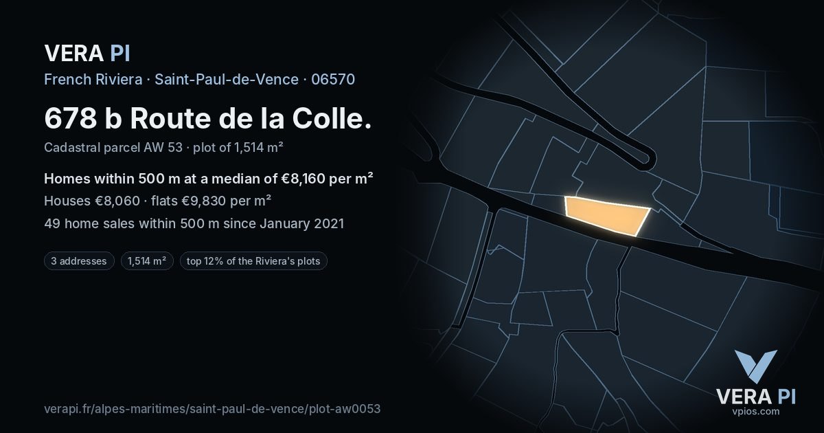 678 b Route de la Colle, Saint-Paul-de-Vence at night – the plot lit, the parcels around coloured by the prices near them