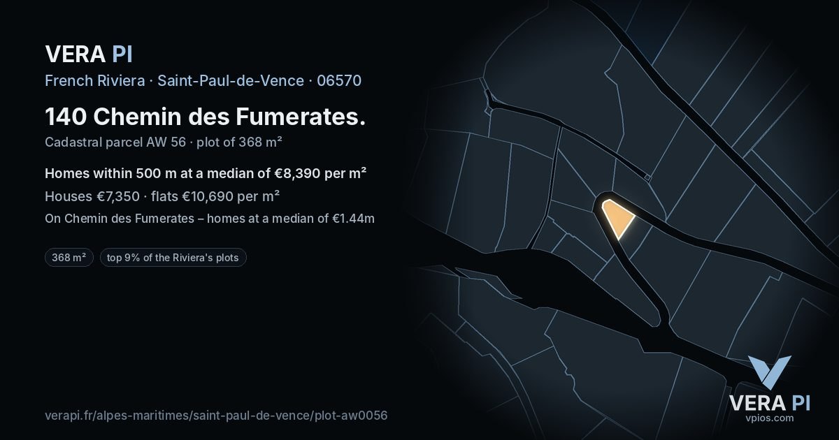 140 Chemin des Fumerates, Saint-Paul-de-Vence at night – the plot lit, the parcels around coloured by the prices near them