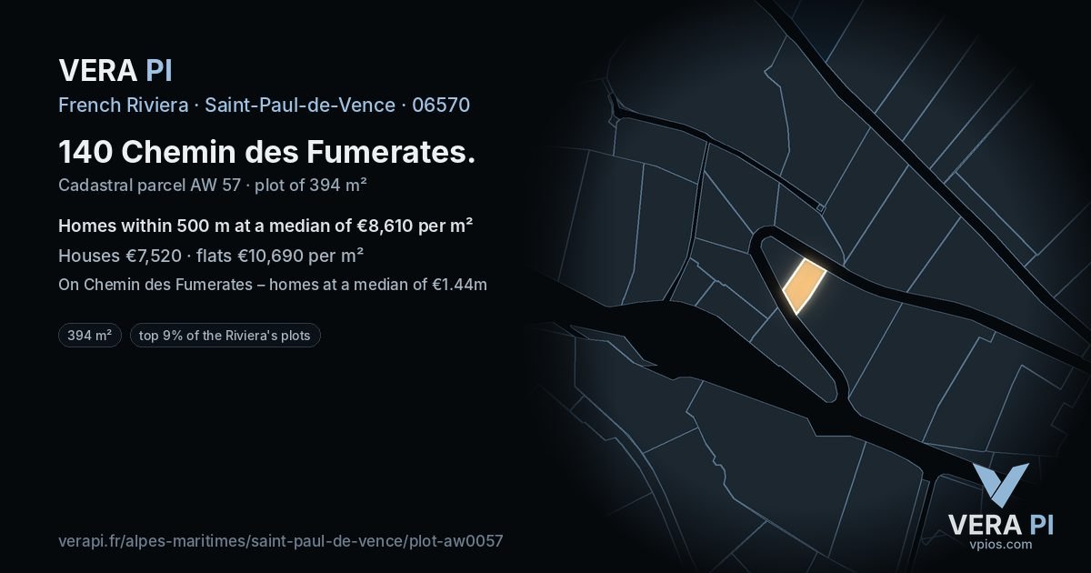 140 Chemin des Fumerates, Saint-Paul-de-Vence at night – the plot lit, the parcels around coloured by the prices near them