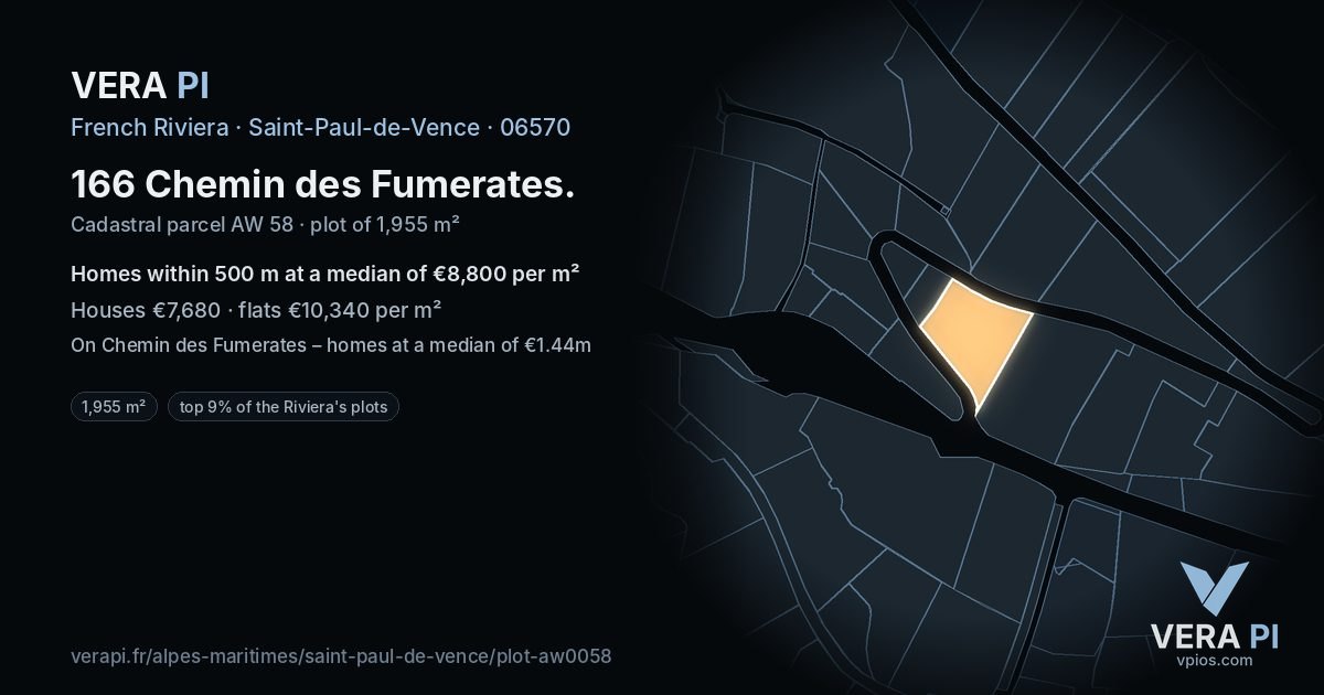 166 Chemin des Fumerates, Saint-Paul-de-Vence at night – the plot lit, the parcels around coloured by the prices near them