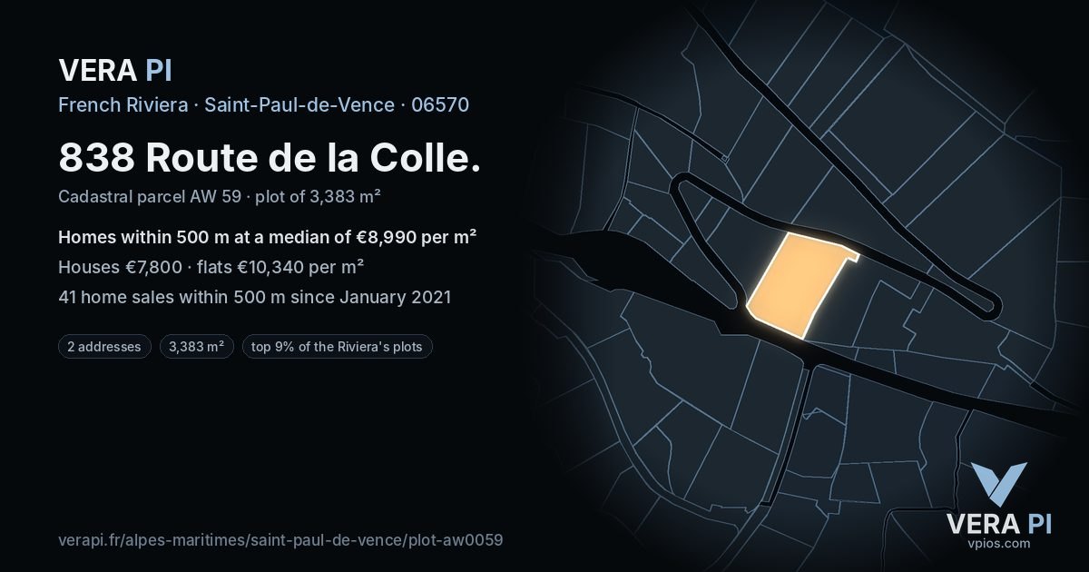 838 Route de la Colle, Saint-Paul-de-Vence at night – the plot lit, the parcels around coloured by the prices near them