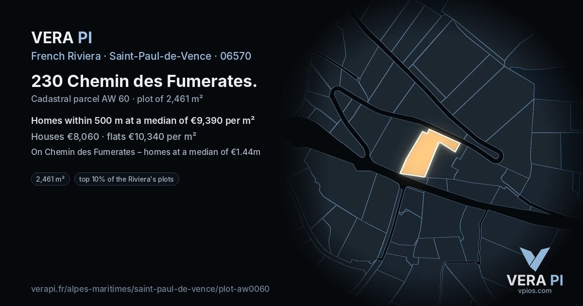 230 Chemin des Fumerates, Saint-Paul-de-Vence at night – the plot lit, the parcels around coloured by the prices near them