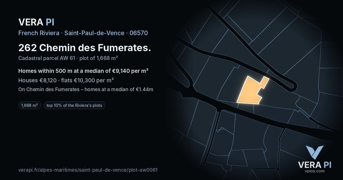262 Chemin des Fumerates, Saint-Paul-de-Vence at night – the plot lit, the parcels around coloured by the prices near them